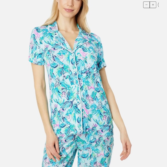 NEW Lilly Pulitzer [ XXS ] PJ Knit Button-Up Top Blue Barking Up‎ Palm Tree - Picture 13 of 14
